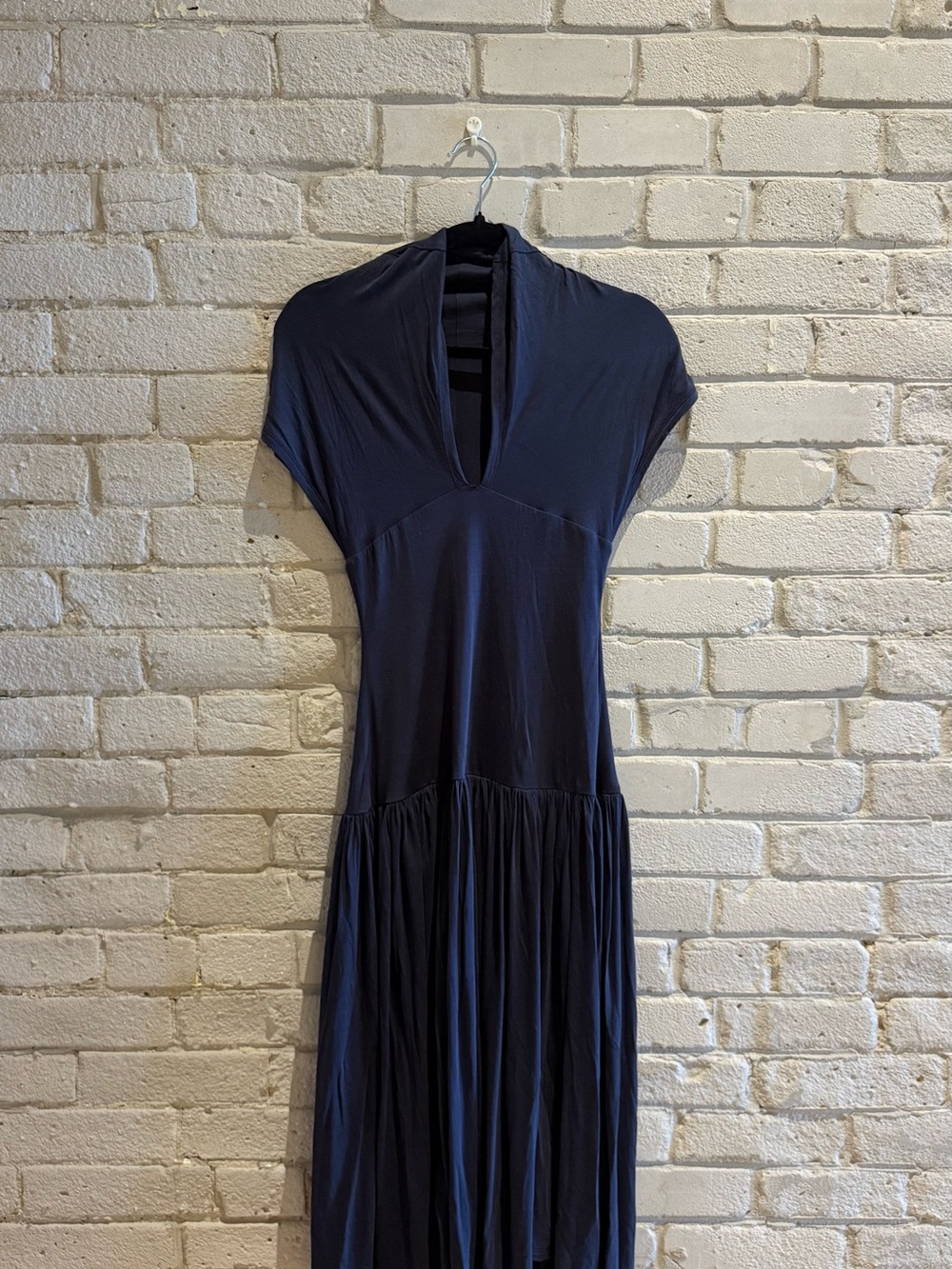 Cap-Sleeve Navy Maxi Dress with V-Neck